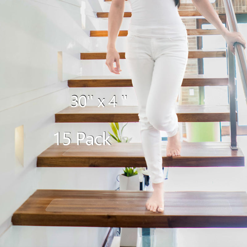 Clear Non Slip Stair Treads, 4” x 30” (15 Pack), Transparent Anti-Slip Strips for Wooden Steps Indoor, Waterproof Safety Grip Tape for Dogs & Elderly 4 x 30" 15pcs