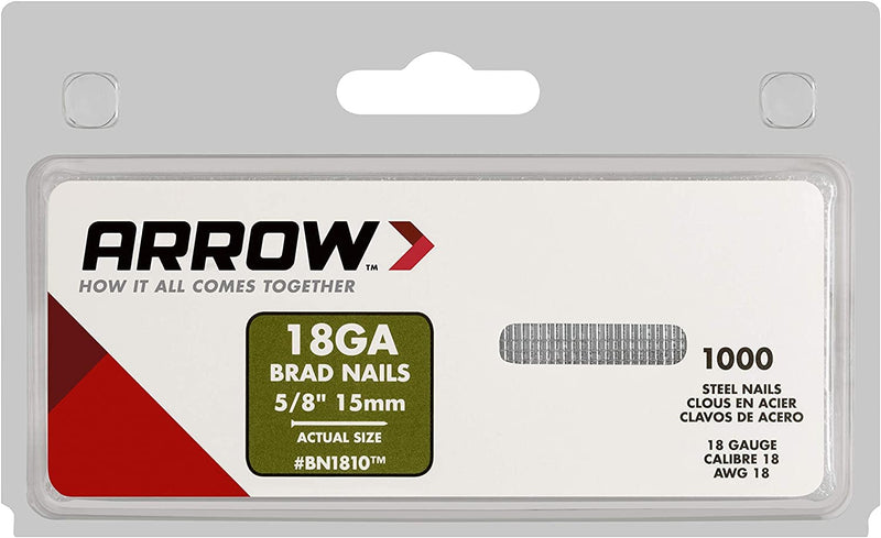 Arrow BN1810CS 18-Gauge Steel Brad Nails for Molding, Cabinets, Framing, Trim, and Finishing, Safe to Use with Electric or Battery Powered Nailers, Steel, 5/8 Inch, 1000 Count (Pack of 1)