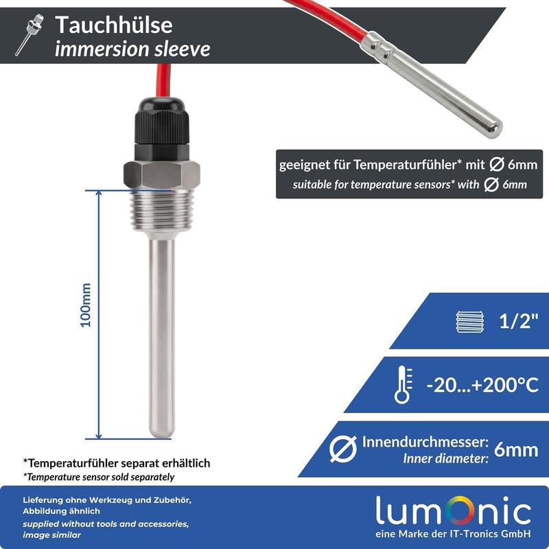 Lumonic Immersion sleeve V2A stainless steel 1/2 inch, 100 mm installation length, perfect fit for 6 mm temperature sensor, for buffer storage, heating, solar and smart home 1x 100mm