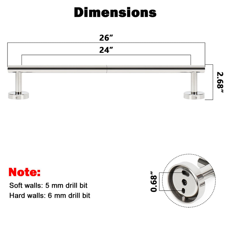 NearMoon Bath Towel Bar, Thicken Stainless Steel Shower Towel Rack Holder Wall Mounted for Bathroom, 26-lnch Overall Length-24-lnch Usable Hanging Space (1 Pack, Chrome Finish) 26 Inch 1