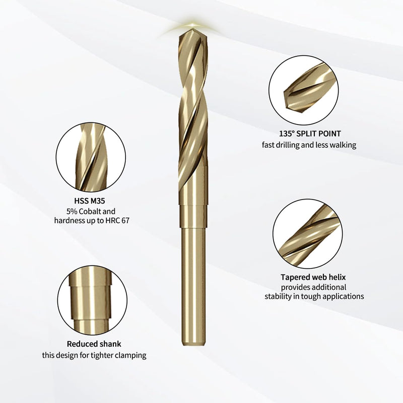 Meccion Cobalt Drill Bit 1 Inch High Speed Steel M35 Reduced Shank Twist Drill Bit for Metal, Cast Iron, Stainless Steel, Alloy, Non-Ferrous Etc. 1 in
