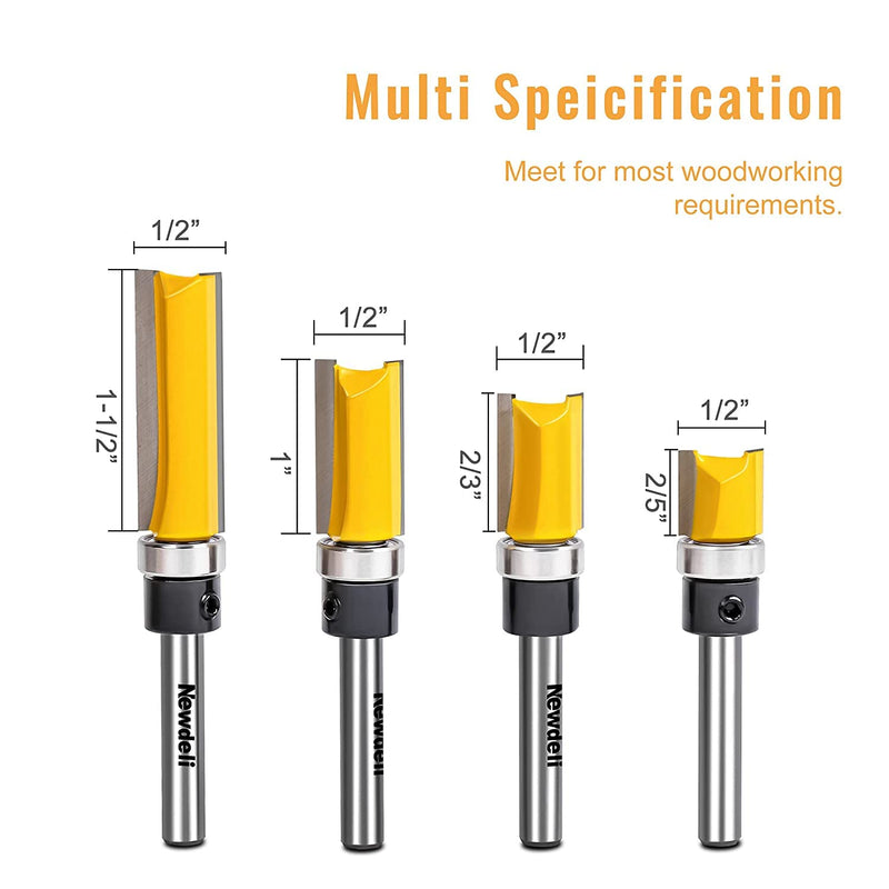 [Australia - AusPower] - Pattern Flush Trim Router Bit Set, Newdeli Straight Cut Router Bit with a Bearing Prevent Tear-Out, Template Guide Woodworking Milling Cutter Tool Pattern Flush Trim Router Bit Set 