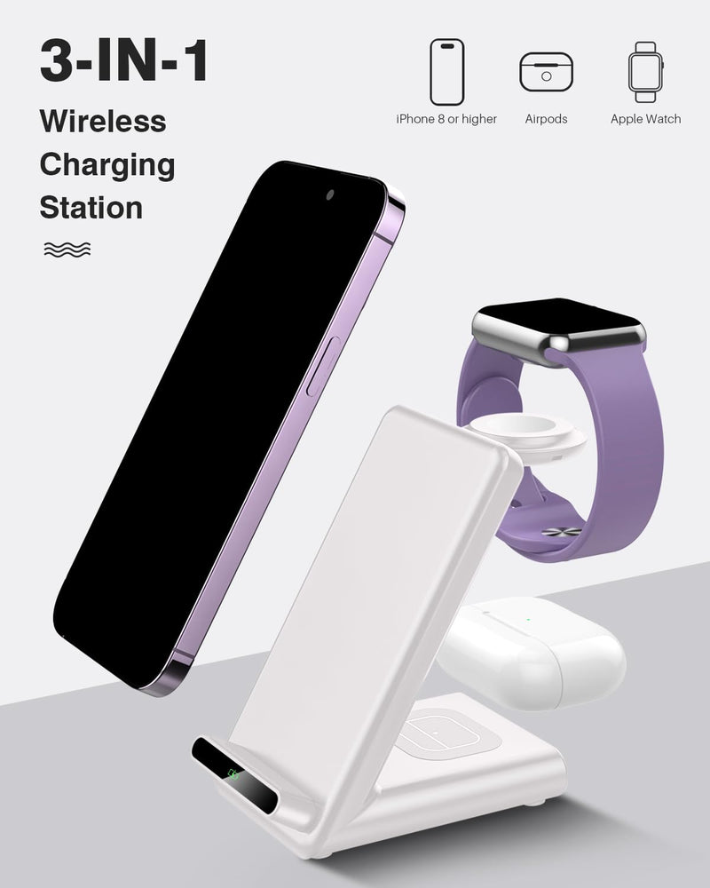 [Australia - AusPower] - Wireless Charging Station,3 in 1 Wireless Charging Stand Made for Apple Watch Ultra 9 8 7 6 SE 5 4 3,Fast Wireless Charger Made for iPhone 15/Plus/Pro Max/14/13/12/11/X,for AirPods Pro(with Adapter) White 