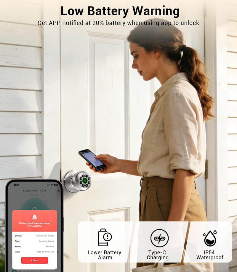KLLOQUE Smart Fingerprint Door Lock with App Control & Key, Keyless Entry Door Knob, Electronic Keypad Door Knob,Door Locks for Bedroom,Garage,Home,Front Door, Office,Apartment-Bright Silver Bright Silver