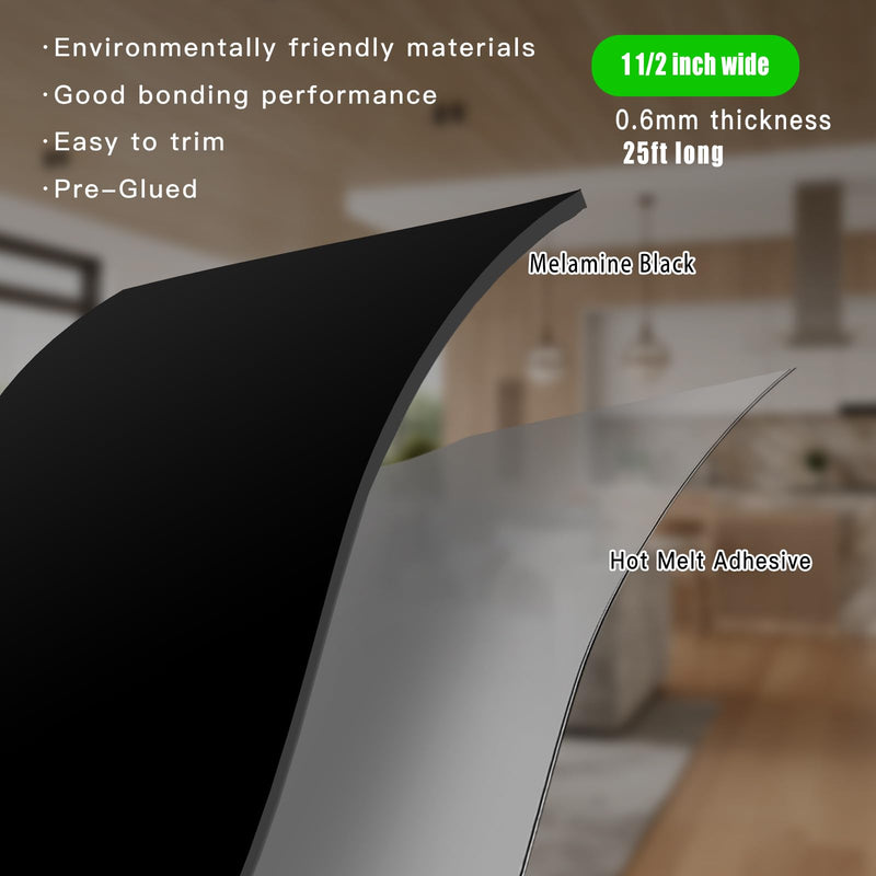 YANYE Black Edge Banding, 1 1/2 inch x 25ft roll of Wood Veneer Melamine Edge Banding Preglued, Tape Banding for Cabinet Repair Furniture 1 1/2"x 25ft