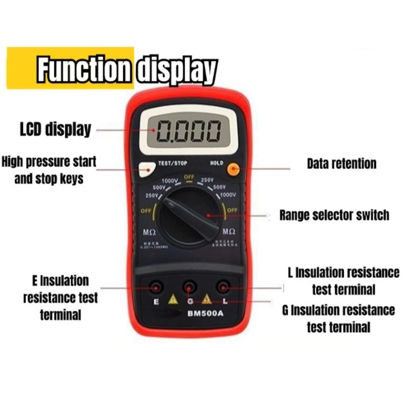 [Australia - AusPower] - BM500A Digital Insulation Resistance Tester with 250V/500V/1000V Range, Electronic Megohmmeter for Measuring Insulation Resistance Including Test Clip 