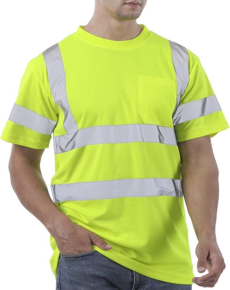 sesafety 360° Ultra-Bright Reflective Safety Shirts for Men, ANSI Class 3 High Visibility Construction Work T-Shirts with Pocket, Durable Silver Tapes to Keep You Seen and Safe Large Yellow 1