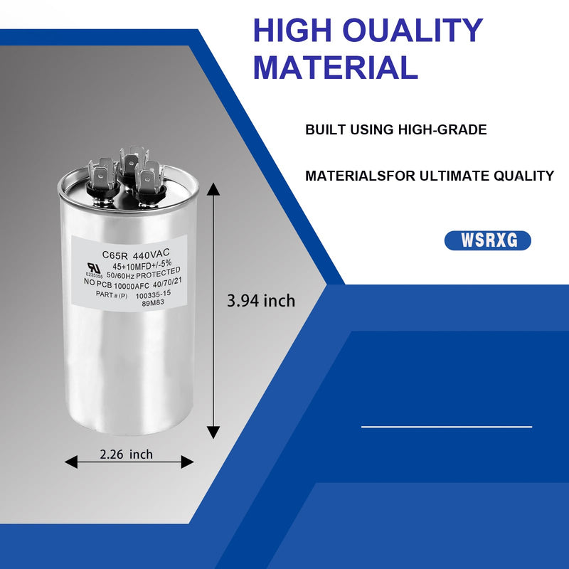 89M83 100335-15 Capacitor 45+10 MFD 440V Round Replacement