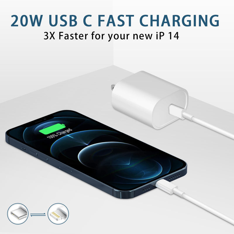 [Australia - AusPower] - Phone Charger Fast Charging, 【MFi Certified】 2-Pack 20W USB-C Fast Charger with 6FT Fast Charging Cable for IP 14/13/12/11/Xs/8, i Pad and More 