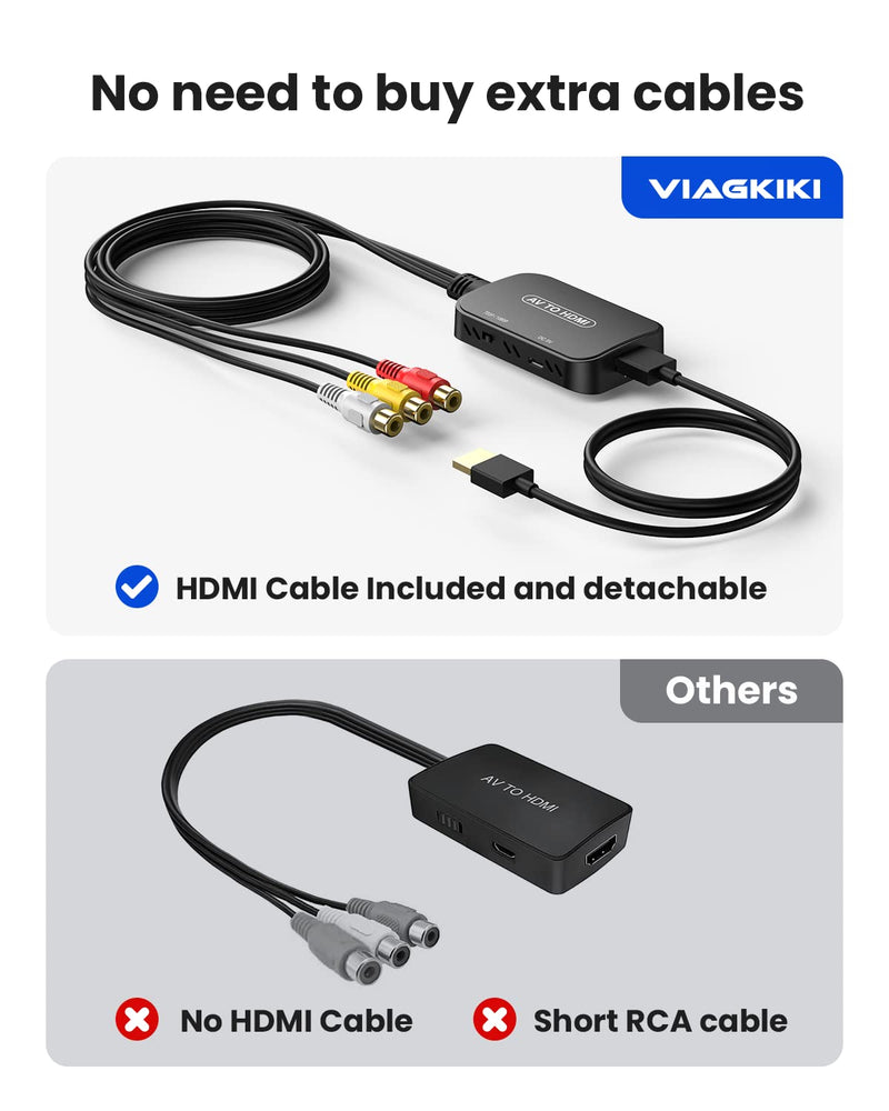 [Australia - AusPower] - RCA to HDMI Converter,Viagkiki AV to HDMI Adapter,RCA to HDMI Composite Audio Video Converter for PS1, PS2, PS3, STB, Xbox, VHS, VCR,Black-Ray DVD Players(HDMI Cable Included) Black 