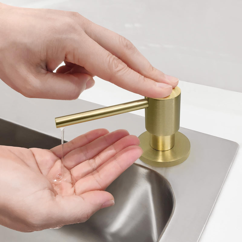 EADOT Brushed Gold All Brass Sink Soap Dispenser for Kitchen Sink Deck Mounted with 17 OZ Above The Sink Refillable PET Bottle Brass Pump Head in Counter Dish Soap Dispenser