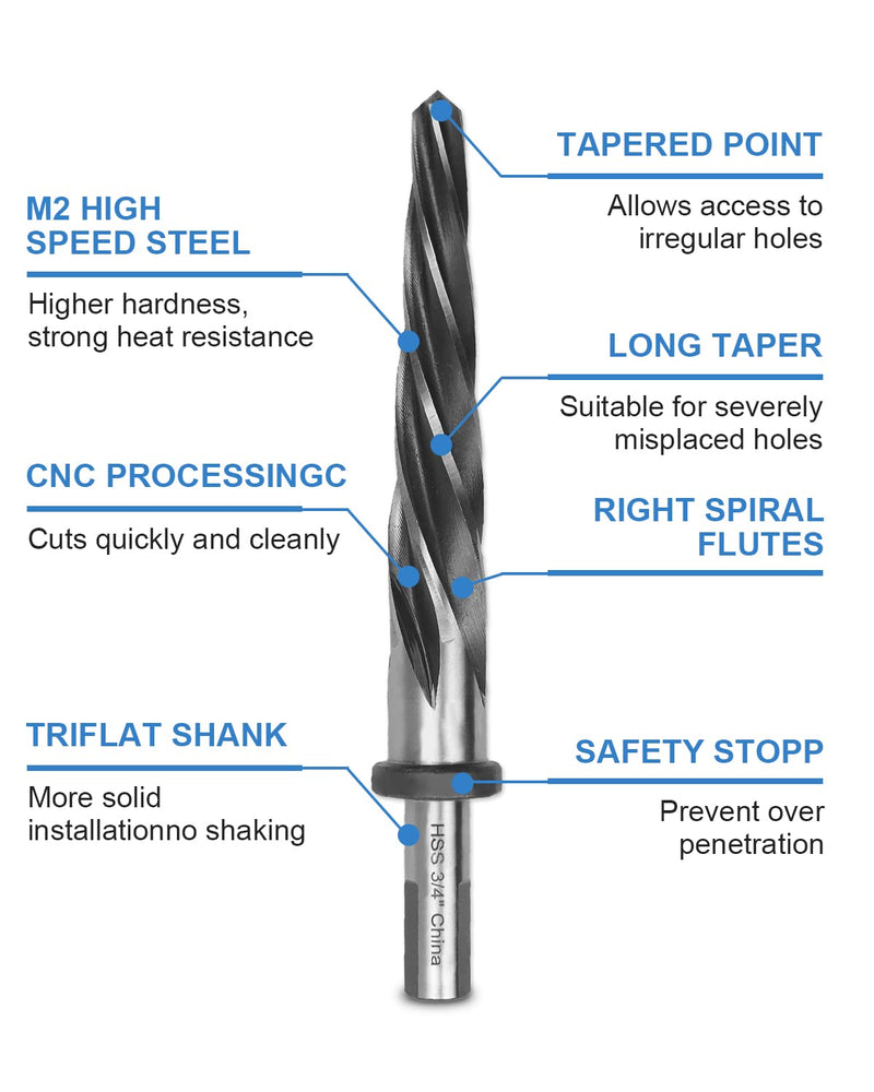 [Australia - AusPower] - 3/4" Drill Bridge/Construction Reamer Bit with 1/2" Shank HSS Taper Chucking Reamer Bit Tool for Steel Metal Wood Alloy Drilling Hole 3/4" 
