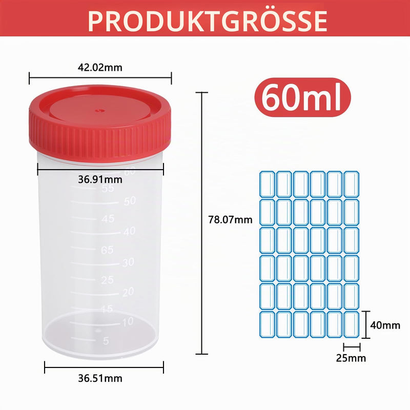 Urine Cup Sample Cup 60 ml with Screw Lid - Urine Sample Container Screw Cap Sample Cup Plastic with Scale & Labels - Sample Storage for Laboratory Medicine Clinic Home