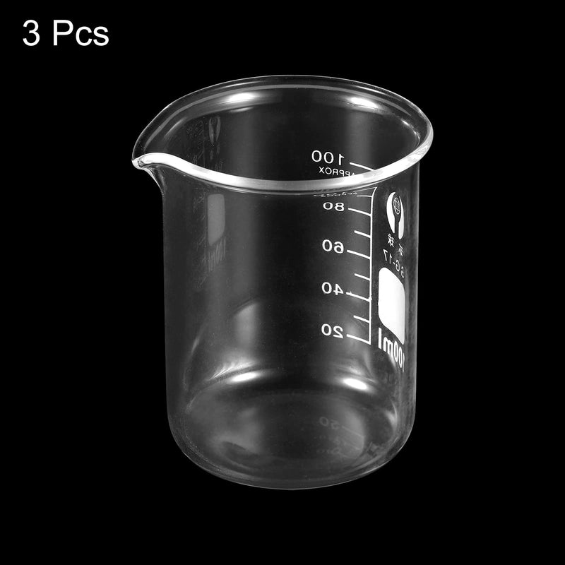 PATIKIL 3Pcs 100ml Low Form Glass Beaker, 3.3 Borosilicate Glass Graduated Printed Scale Measuring Cups with Spout for Kitchen Lab Liquids (Pack of 2) 100ml (Pack of 2)