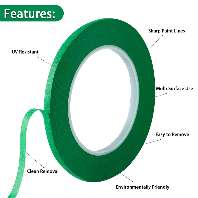 QDiShi 2 Pack 1/4" inch x 60yd Green Painters Tape Easy Removal Thin Narrow Finishing Masking Tape Painting Tape Wall Tape, No Residue and Good Adhesive (0.25 in 6MM)