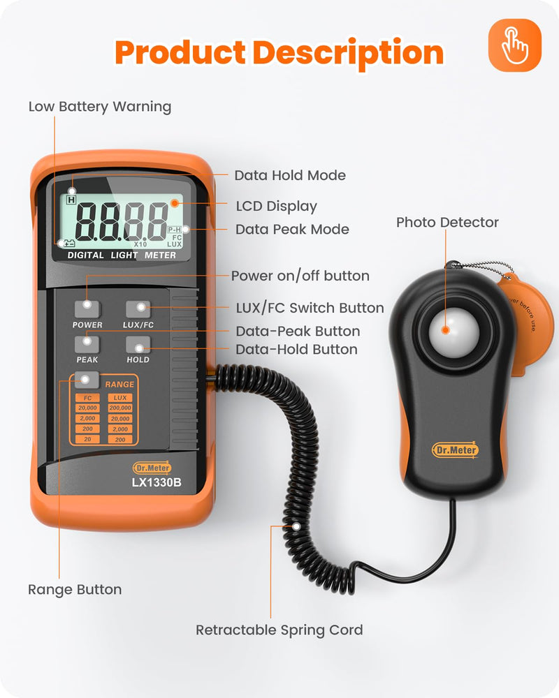 [Australia - AusPower] - Dr.meter LX1330B Digital Illuminance Light Meter, 0-200,000 Measurement Range Lux Meter, Lighting Intensity Brightness Measurement for Indoor Outdoor, Light Meters for Plants 