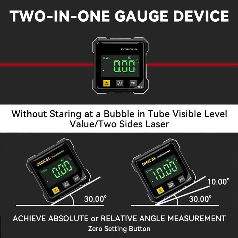 [Australia - AusPower] - 4-Side Magnetic Digital Angle Gauge, Cube Inclinometer with Backlight, Rechargeable Digital Angle Finder with LCD Display, Table Saw Miter Protractor, Woodworking Measuring Tool 