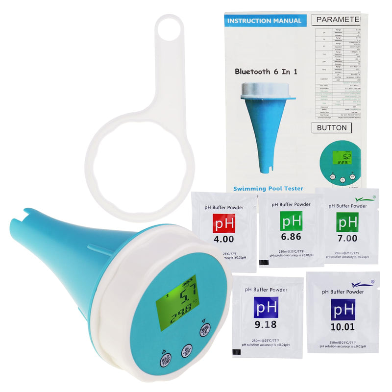 [Australia - AusPower] - Floating Smart Digital Pool Thermometer - 6-in-1 Bluetooth Water Meter, IP67 Waterproof, Tests EC, Salinity, pH, ORP, Temperature, Chlorine for Swimming Pools, Hot Tubs, Ponds 