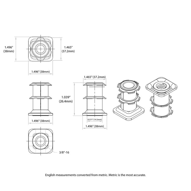 [Australia - AusPower] - Outwater Industries Double Star Threaded Caster Insert | Heat Treated Steel | Fits 1-1/2 Inch Square 16-18 Gauge Tube | Thread: 3/8-16 | 4 Pack 