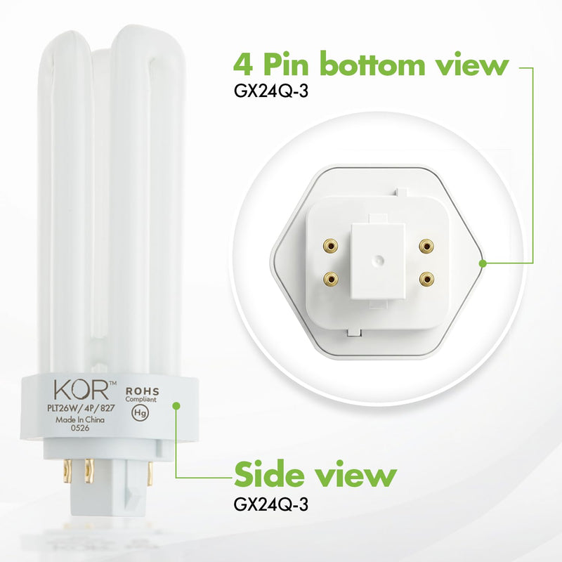 KOR (Pack of 8) PL26W/3U/4P/2700K - 26 Watt Triple Tube - GX24Q-3 (4 Pin) Base - 2700K Warm White - Compact Fluorescent Light Bulb 8 Pack