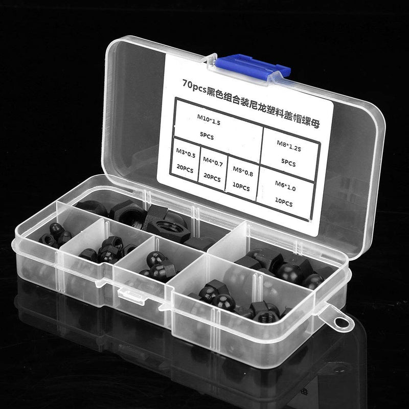 [Australia - AusPower] - 70Pcs M3/M4/M5/M6/M8/M10, Black Acorn Nuts Standard 8-32 Hardware Nuts Nylon Acorn Nut Kit Dome Head Cap Hex Nuts (Black) 