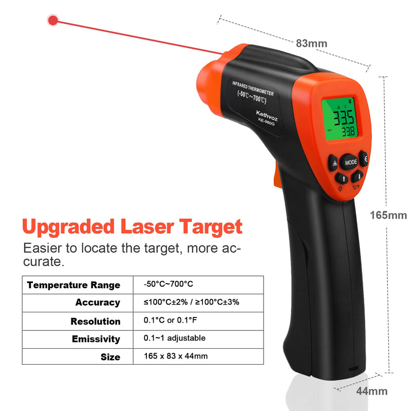 [Australia - AusPower] - Digital Infrared IR Thermometer Laser -50°C ~ 700°C, Kethvoz Contactless Temperature Meter with Temperature Alarm, Adjustable Emissivity for Kitchen/Cooking/Sugar/Industrial Infrared Temperature Gun 