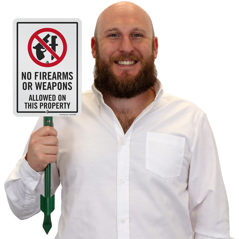 SmartSign 10 x 7 inch “No Firearms Or Weapons Allowed On This Property” LawnPuppy Yard Sign and 18 inch Stake Kit, 40 mil Laminated Rustproof Aluminum, Red, Black and White, Set of 1 7" x 10" Aluminum Sign with 18" Stake