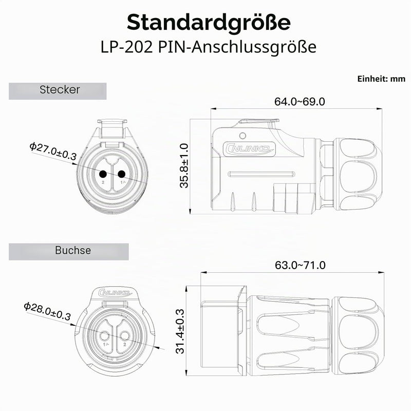 CNLINKO LP-20 2 Pin Waterproof Plug with Screw Design, IP68 Aviation Bullet Plug, M20 Male and Female Pair (LP20 2-Pin Screw Connection) 2-pin screw connection LP20
