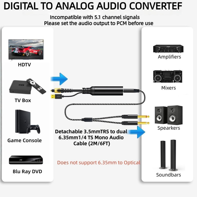 192KHz DAC Optical to Dual 6.35mm Converter,Optical Audio Cable to Dual 6.35mm 1/4" TS Mono Audio Adapter,Digital to Analog Audio Converter for HDTV,DVD,Set-top Boxes(O-ptical to 1/4" Only) Cable -6FT 6FT