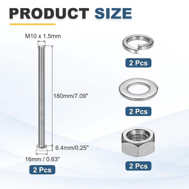 [Australia - AusPower] - MECCANIXITY M10 x 180mm 304 Stainless Steel Hex Head Screws Bolts, Nuts, Flat & Lock Washers Assortment Kit, Fully Threaded, Bright Finish for Home, Electronic, Machine, 2 Sets 