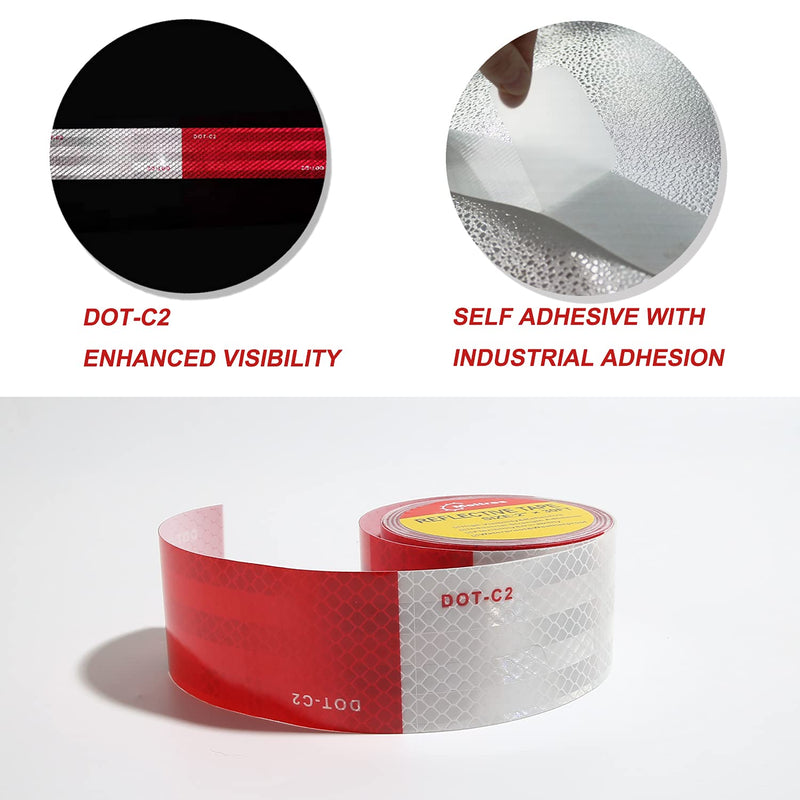 DOT-C2 Reflective Tape,Red White 2Inch X 30Feet Waterproof Conspicuity Safety Tape,Trailers Caution Warning Adhesive Reflector Tape for Cars Trailer Trucks Vehicles Outdoor