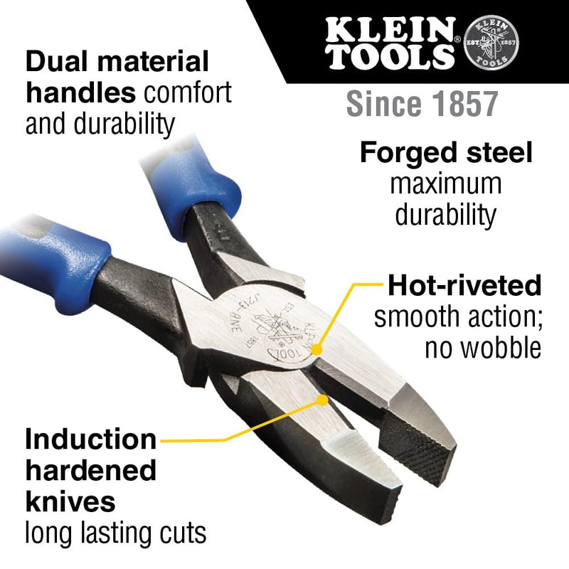 Klein Tools J2138NE Pliers, 8-Inch Side Cutters, High Leverage Lineman's Pliers Cut Copper, Aluminum and other Soft Metals