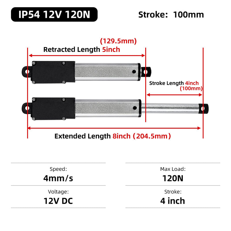[Australia - AusPower] - 100mm 120N Mini Electric Linear Actuator 4 Inch Linear Motion Actuator 12V Actuators with Brackets for Cabinets, Robotics, Home Automation, Window Opener 