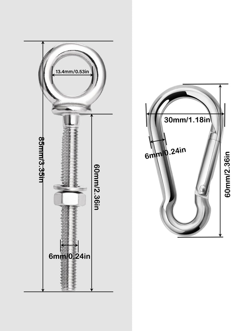 [Australia - AusPower] - 5 Pack M6 Eye Bolt, Eye Bolts with Nuts & Washers & Carabiners, 316 Stainless Steel Eye Bolt Heavy Duty, Marine Grade Threaded Eyebolts. 