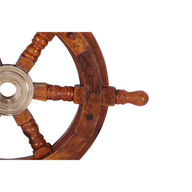 TUP THE URBAN PORT 12" Teak Wood Ship Wheel with Brass Inset and Six Spokes, Brown and Gold 12" Inch