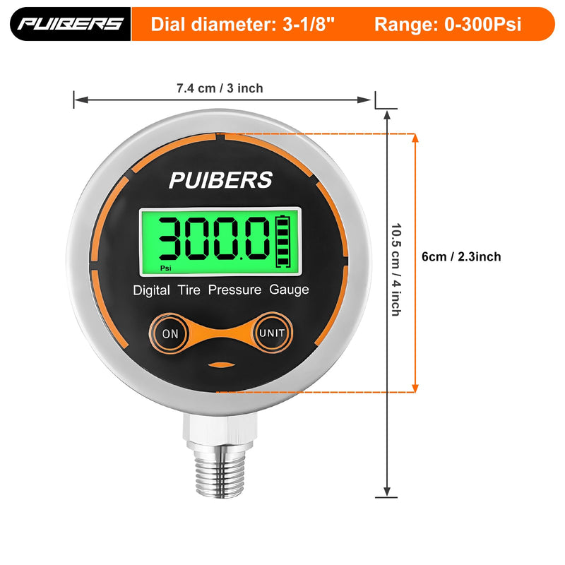 [Australia - AusPower] - 300 Psi Digital Water Pressure Gauge 1/4 NPT Lower Mount，Media Water, Air or Oil Pressure Gauge 304 Stainless ±0.25% Accuracy,Suitable for Home Water Pipe, HVAC,Air Pressure Measuring 300 PSI 