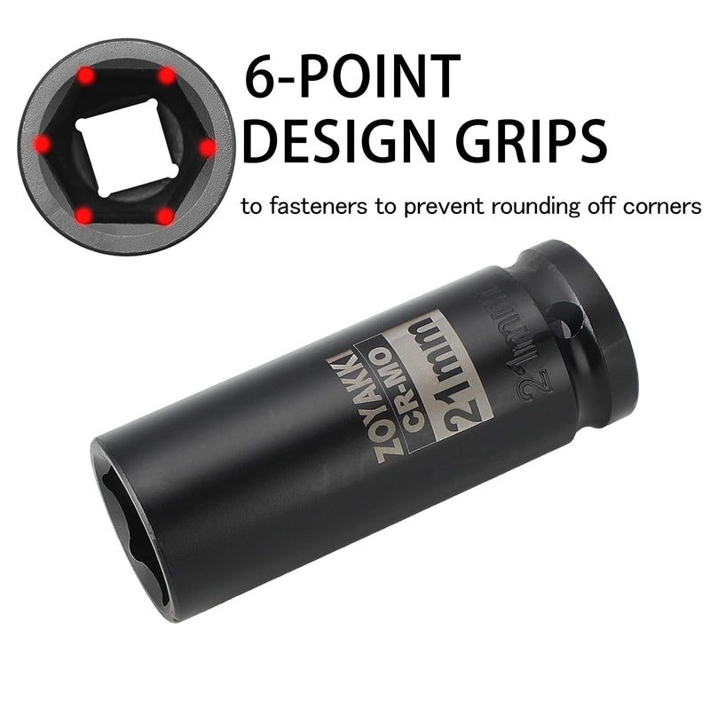 [Australia - AusPower] - 1/2" Drive x 21 mm Deep 6 PT Impact Socket, CR-MO, 1/2-inch Drive 6 Point Axle Nut Socket for Easy Removal of Axle Shaft Nuts (21MM) 21mm 