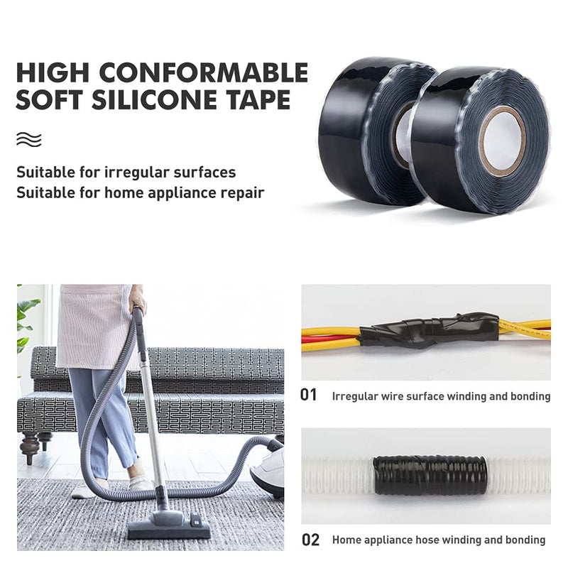 CLAVICHORD Seal Self Fusing Silicone Tape - 2 Rolls 1 Inch Wide and 15 Feet Long Weatherproof Self Fusing Silicone Sealing Tape for Emergency Pipeline Repair/Cable Bandage/Tool Fixing（Black）
