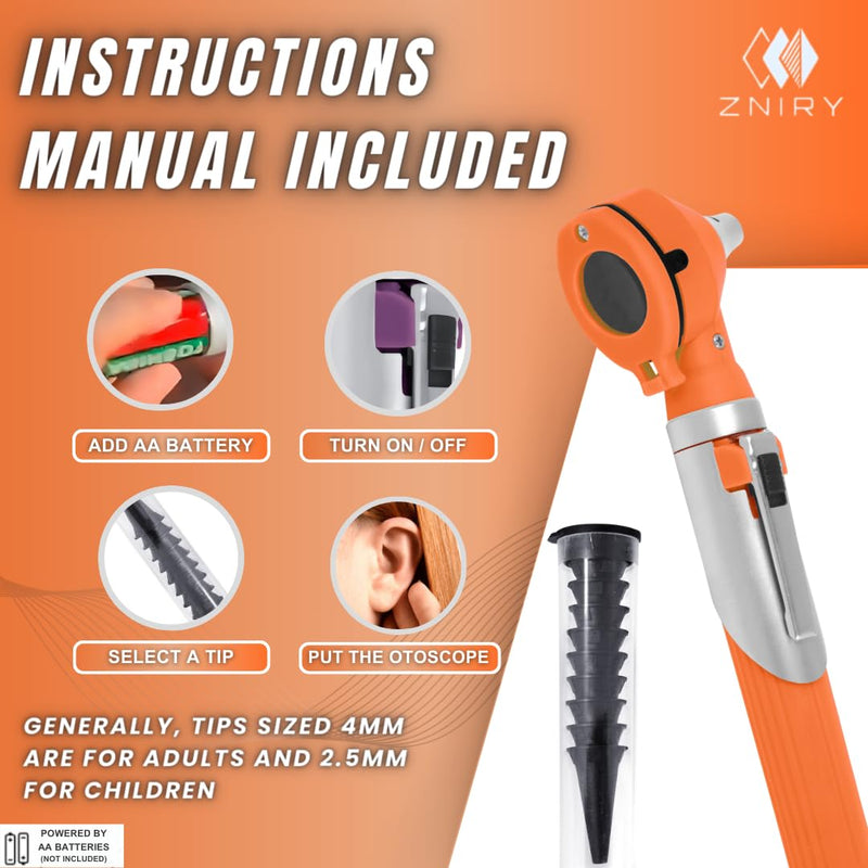 [Australia - AusPower] - Mini Otoscope - Ear Scope with Light, Ear Infection Detector Mini Otoscope - Portable Ear Light and Exam Kit for Home Use - 3X Magnifying Fiber Optic Scope (Orange) Orange 