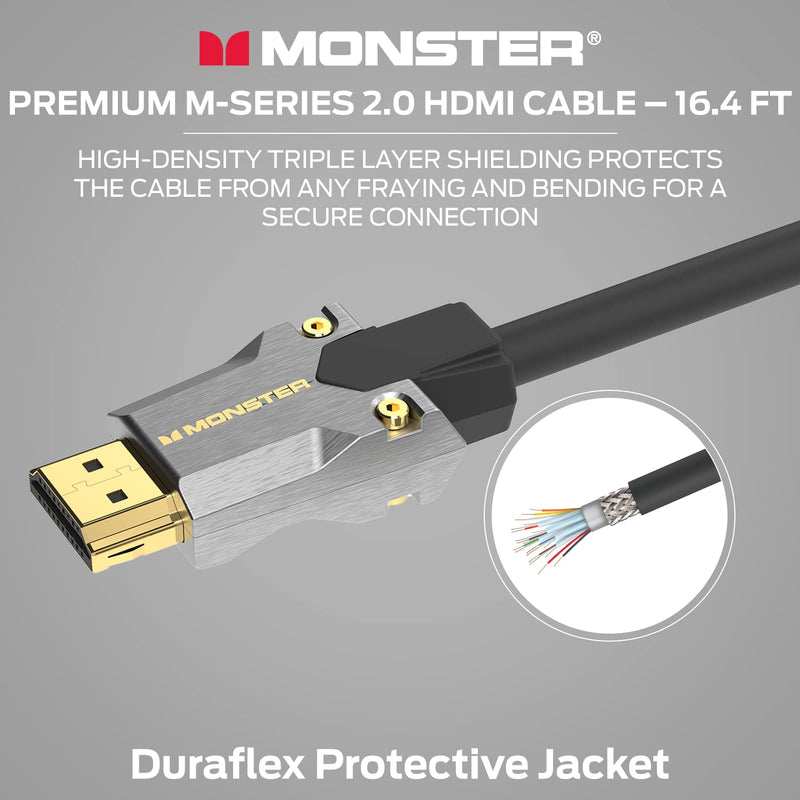 Monster M-Series Certified Premium HDMI Cable 2.0, High-Speed 22.5 Gbps, 4K UHD 60Hz, Triple-Layer Shielding, Duraflex Jacket, HDMI Cable for TV, Monitor, Gaming, PC, 16.4 ft