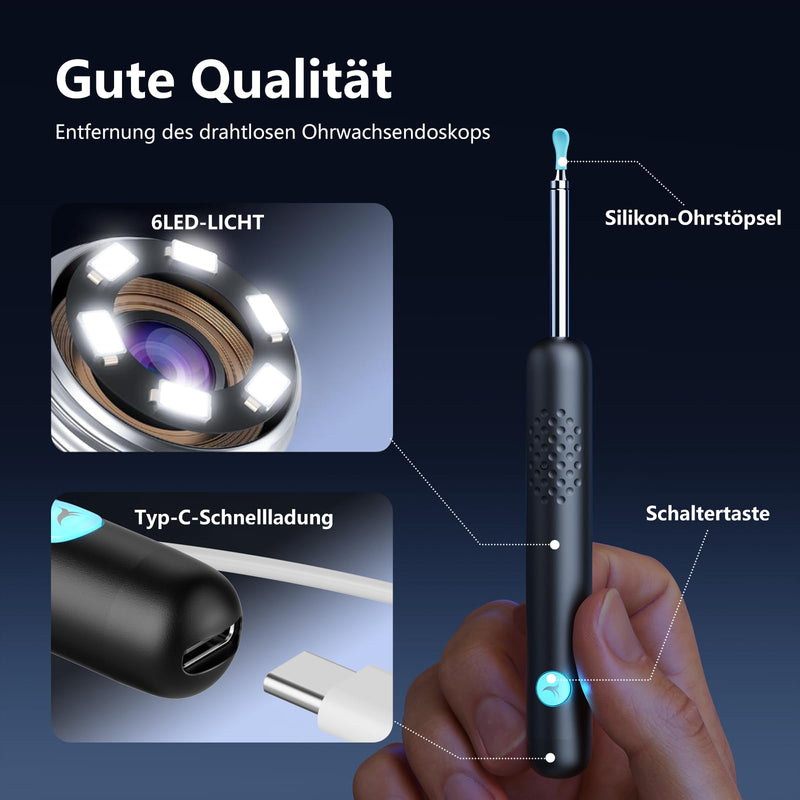 [Australia - AusPower] - Ear Wax Remover Otoscope, 1080P HD WiFi Ear Cleaner Camera, 3.5 mm Ear Camera with 6 LEDs, IP67 Waterproof Ear Mirror, 360° Wide Angle Otoscope Camera for Adults, Children, iOS, iPad, Android Black 