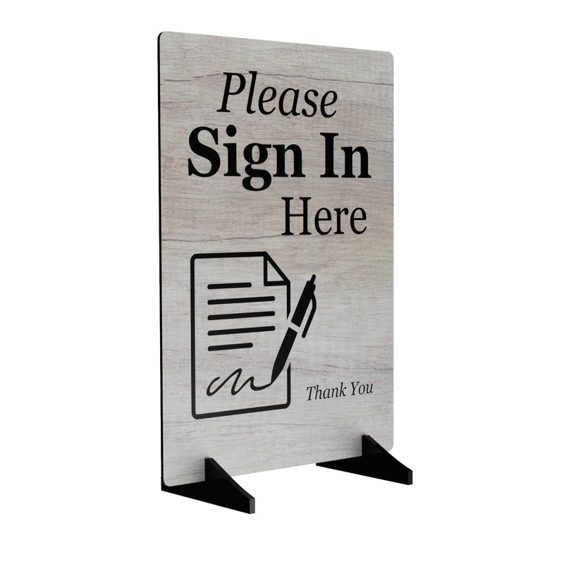 Please Sign In Here Sign/Notice - Freestanding with 2 Black Plastic Feet or Adhesive (Black Feet) Wood Stand