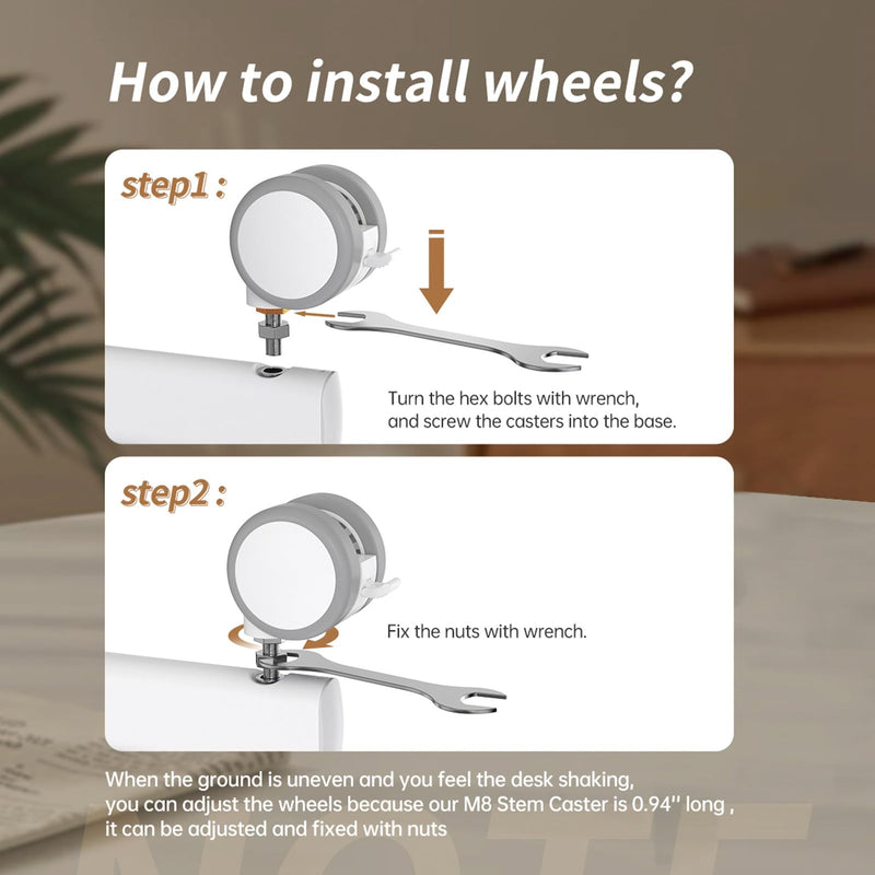 [Australia - AusPower] - JOY worker Lockable Stem Caster Wheels Set of 4, Metric M8 Nylon Threaded Swivel Caster, 2.5 Inch Stem Casters Replacement for Standing Desk & Mobile Desk, Each Load Capacity 110lbs, White 