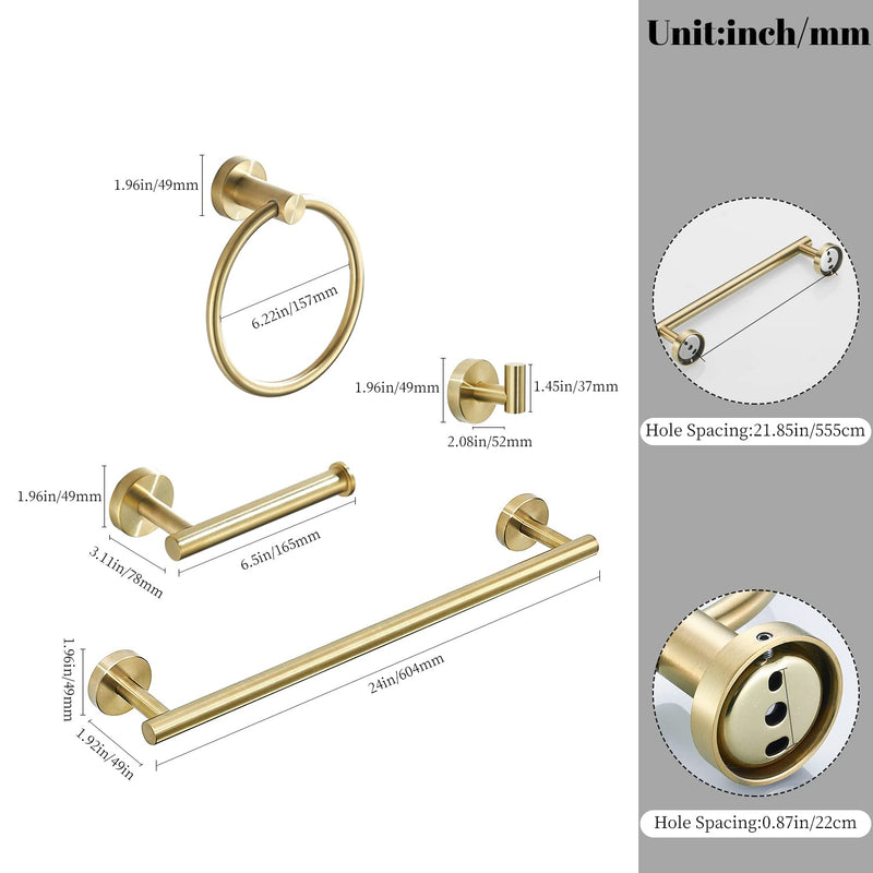 Gold Bathroom Hardware, Bathroom Accessories Set Includes Toilet Paper Holder 24 Inch Towel Bar Towel Ring Robe Hook 4 Pieces Wall Mount Brushed Gold