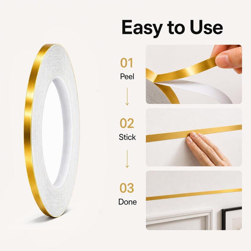 Gold Duct Tape, Metallic Mylar Film Tape, 5mmX 164 Ft. Vinyl Pinstripe Tape for Detailing Accent Wall, Wardrobe, Bathroom, Floor, Tile, Car, Graphic Arts - Stripe Stickers Decals (5mm) 5mm