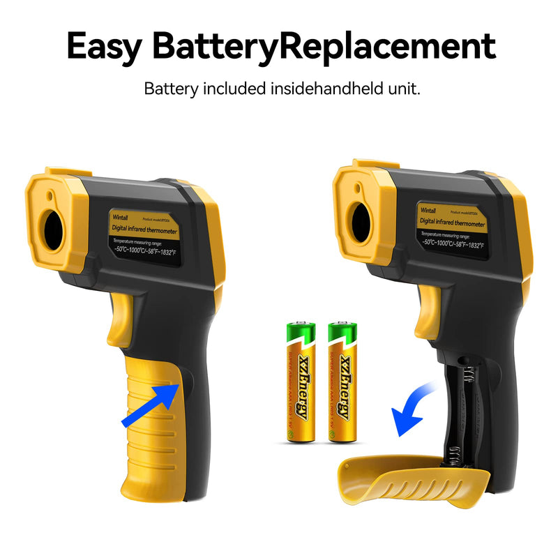[Australia - AusPower] - Infrared Thermometer -58°F ~1832°F(-50°C ~ 1000°C), Temperature Gun for Cooking, Laser IR Surface Tool for Pizza Oven, Meat, Engine, Accessories, with 3 Adjustable Emissivity Max Min Avg Measure Yellow+Black 