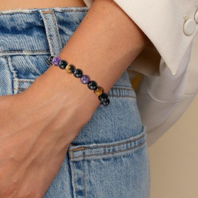 Natural Stone Healing Crystal Bracelets Gifts for Women Ladies 8mm Stretch Gemstone Beaded Bracelet Yoga Meditation Relax Friendship Birthday Valentines Christma Presents for Her Girls Triple Protection
