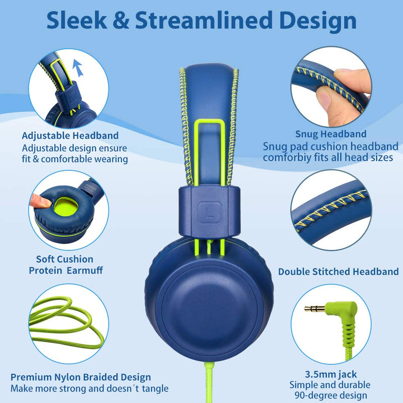 [Australia - AusPower] - POWMEE M2 Kids Headphones Wired Headphone for Kids,Foldable Adjustable Stereo Tangle-Free,3.5MM Jack Wire Cord On-Ear Headphone for Children/Teens/Girls/School/Kindle/Airplane/Plane/ (Blue) Blue 