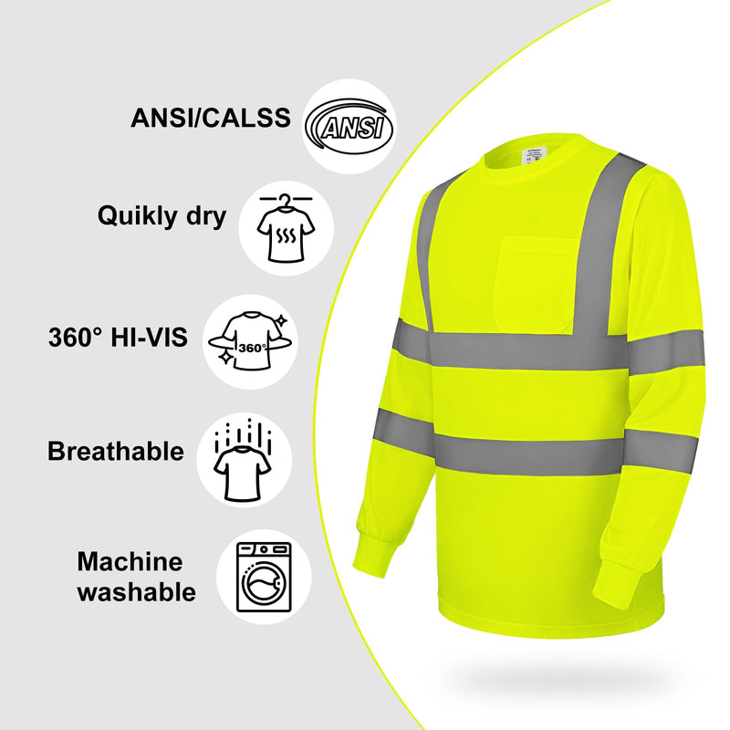 wefeyuv Safety Shirt Long Sleeve High Visibility Reflective Breathable T Shirt for Work Warehouse Construction Class 3 X-Large Yellow