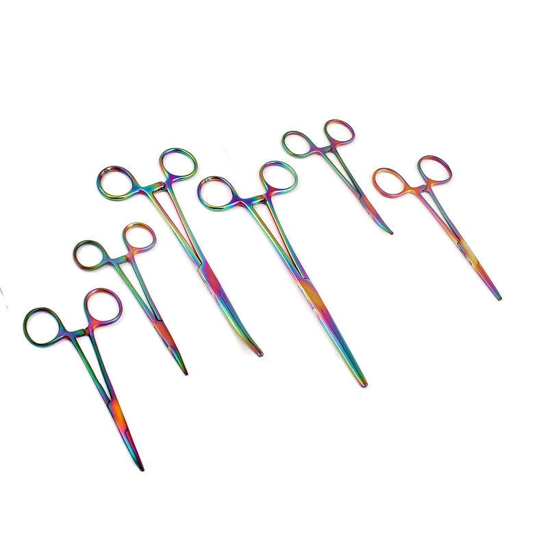 Multi Color Rainbow Color Ultimate Hemostat Set, 6 Piece Ideal for Hobby Tools, Electronics, 8", 5.5", 5" hemostats Curved and Straight